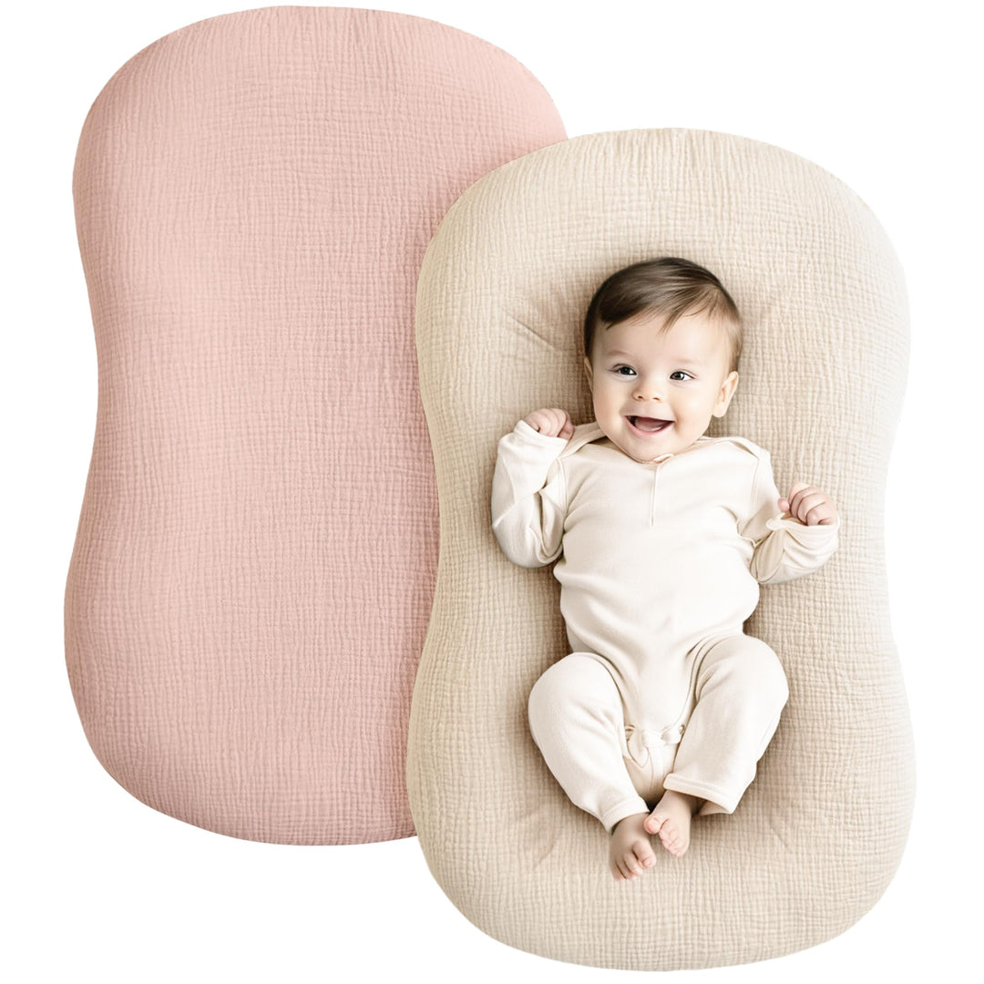 Konssy 2 Pack Muslin Baby Lounger Covers, Covers Only, 30.7" x 20" 100% Cotton, Soft & Breathable, Baby Nest Slipcover, Envelope Closure, Pre-Washed for Lasting Fit