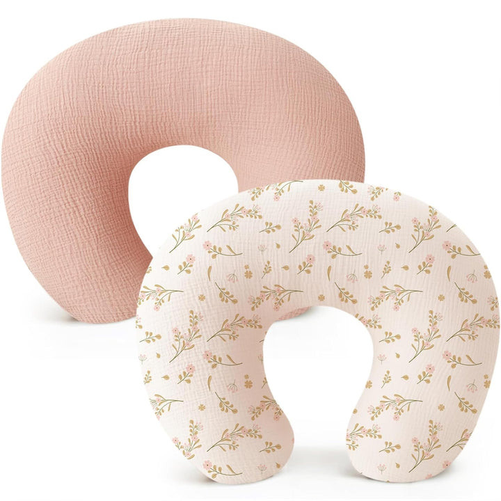 Konssy 2-Pack Muslin Nursing Pillow Covers, Floral Soft Slipcover for Baby Covers Only, 100% Cotton, Hidden Zipper, Washable, Breastfeeding Pillows Covers for Newborn Boys & Girls