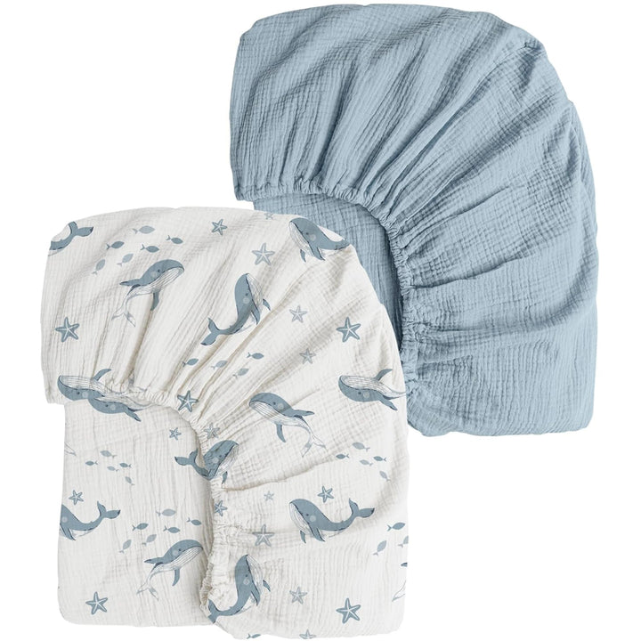 Konssy 2 Pack Muslin Crib Sheets for Standard Crib Mattress, 52" x 28" 100% Cotton, Soft & Breathable, 360° Elastic Snug Fit, Solid & Printed Designs for Baby Girls & Boys