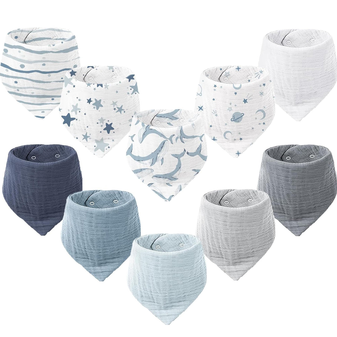 Konssy 10 Pack Baby Muslin Bandana Bibs for Drooling and Teething 100% Cotton, 6-Layer Bibs, Pre-Washed Soft & Absorbent, Adjustable Neck Fit, Boys & Girls 0-36M