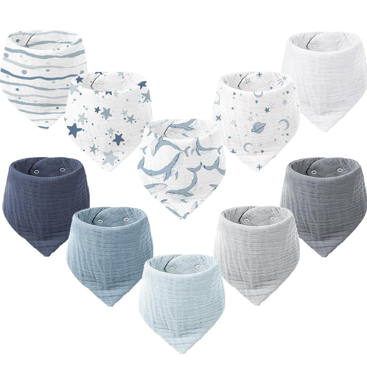 Konssy 10 Pack Baby Muslin Bandana Bibs for Drooling and Teething 100% Cotton, 6-Layer Bibs, Pre-Washed Soft & Absorbent, Adjustable Neck Fit, Boys & Girls 0-36M