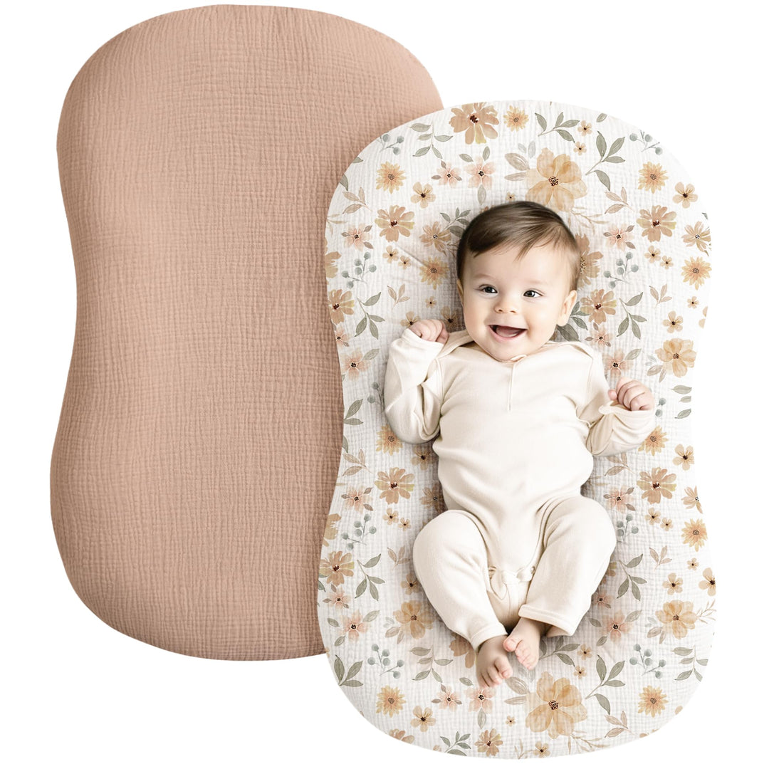 Konssy 2 Pack Muslin Baby Lounger Covers, Covers Only, 30.7" x 20" 100% Cotton, Soft & Breathable, Baby Nest Slipcover, Envelope Closure, Pre-Washed for Lasting Fit