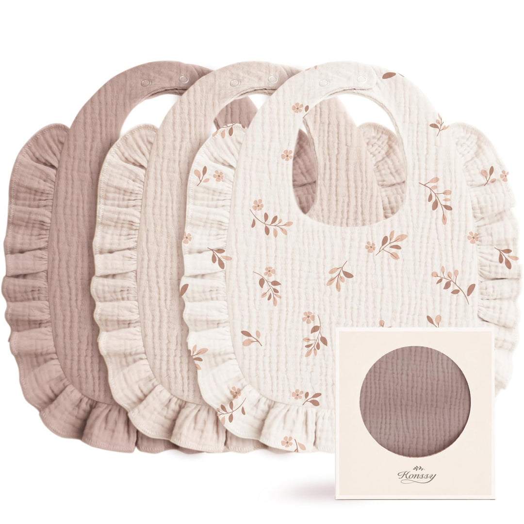 Konssy 3-Pack Muslin Baby Girl Bibs, 100% Cotton with Ruffle Trim Ultra Soft & Absorbent, Baby Essentials for Drooling and Teething, for Newborn, Infant & Toddler 0-36 Months