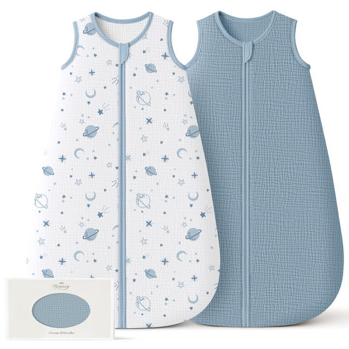 Konssy Muslin Baby Sleep Sack 12-18 Months, 0.8 TOG Baby Wearable Blanket 2 Pack, Two-Way Zipper, 100% Cotton, Soft & Breathable Sleeping Sack, Infants and Toddlers Nursery Essentials