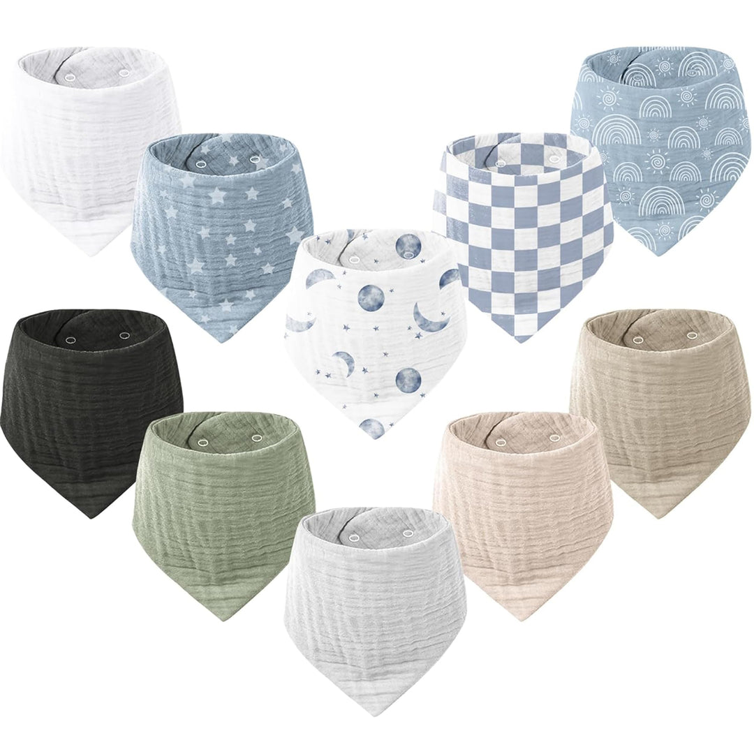Konssy 10 Pack Baby Muslin Bandana Bibs for Drooling and Teething 100% Cotton, 6-Layer Bibs, Pre-Washed Soft & Absorbent, Adjustable Neck Fit, Boys & Girls 0-36M