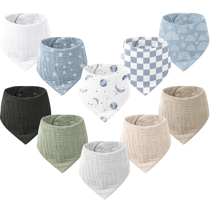 Konssy 10 Pack Baby Muslin Bandana Bibs for Drooling and Teething 100% Cotton, 6-Layer Bibs, Pre-Washed Soft & Absorbent, Adjustable Neck Fit, Boys & Girls 0-36M