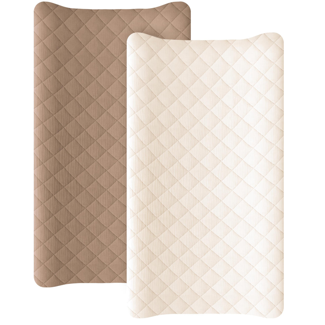 Konssy 2 Pack Quilted Muslin Changing Pad Cover, Waterproof Layer, 32"x16" 100% Cotton Surface, Absorbent & Soft, Fitted Changing Table Sheets, Full Elastic Fit, for Baby Girls & Boys