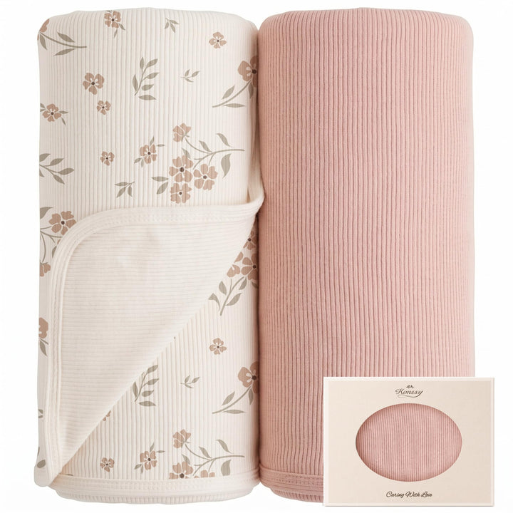 Konssy 2 Pack Ribbed Knit Swaddle Blankets for Baby Boys & Girls, 33"x42" Soft & Stretchy Knit, Lightweight & Cozy, for Swaddling, Receiving & Stroller, Newborn to Toddler