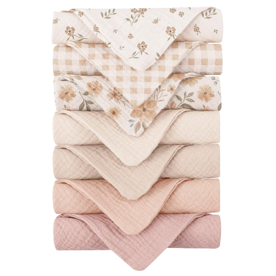 Konssy 7 Pack Muslin Baby Washcloths, Burp Cloths & Wash Cloths for Babies 11 x 11 In, 100% Cotton, Ultra-Soft & Absorbent, Machine Washable, Baby Bath Towels for Newborns, Girls & Boys
