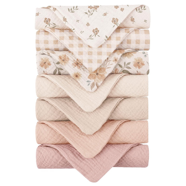 Konssy 7 Pack Muslin Baby Washcloths, Burp Cloths & Wash Cloths for Babies 11 x 11 In, 100% Cotton, Ultra-Soft & Absorbent, Machine Washable, Baby Bath Towels for Newborns, Girls & Boys