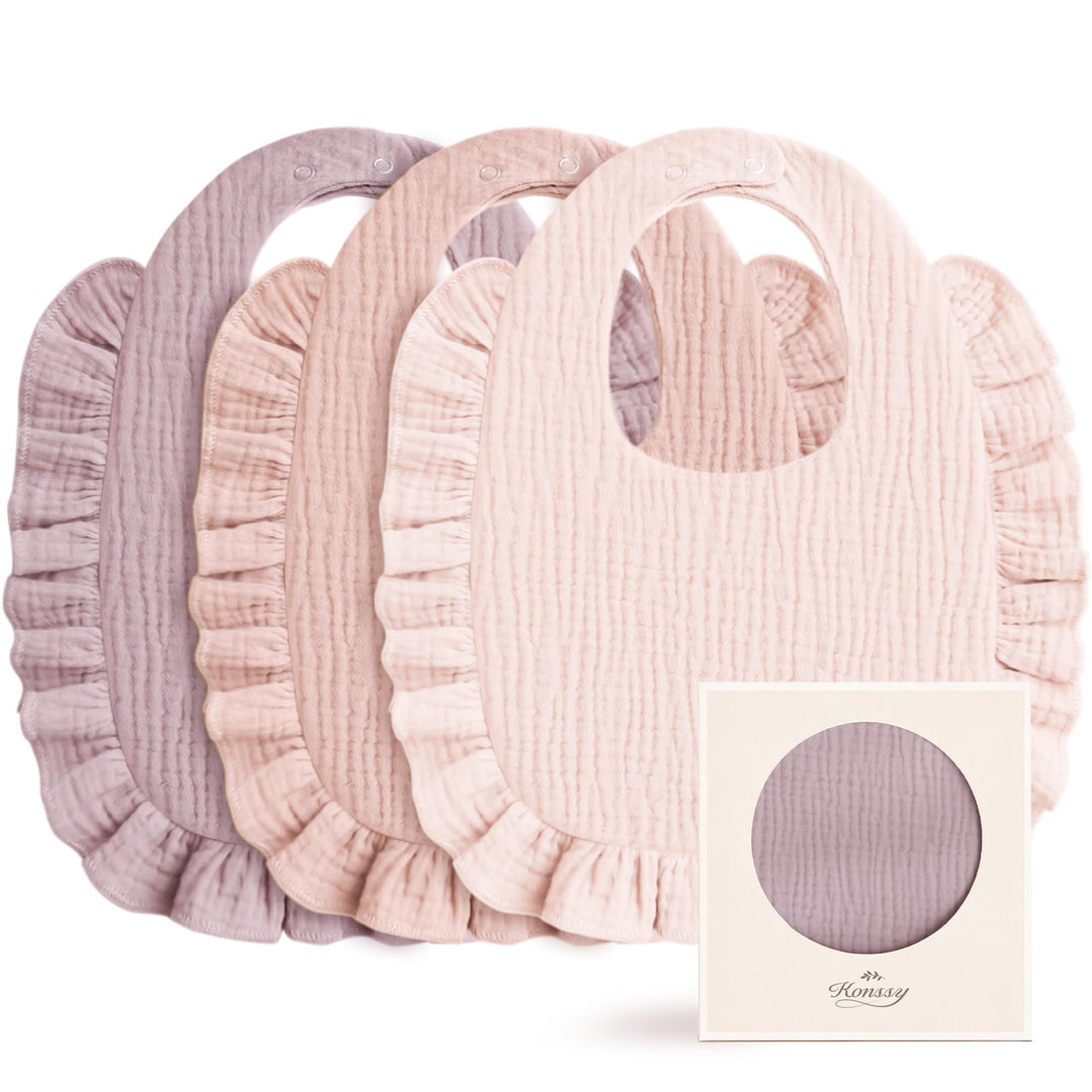 Konssy 3-Pack Muslin Baby Girl Bibs, 100% Cotton with Ruffle Trim Ultra Soft & Absorbent, Baby Essentials for Drooling and Teething, for Newborn, Infant & Toddler 0-36 Months