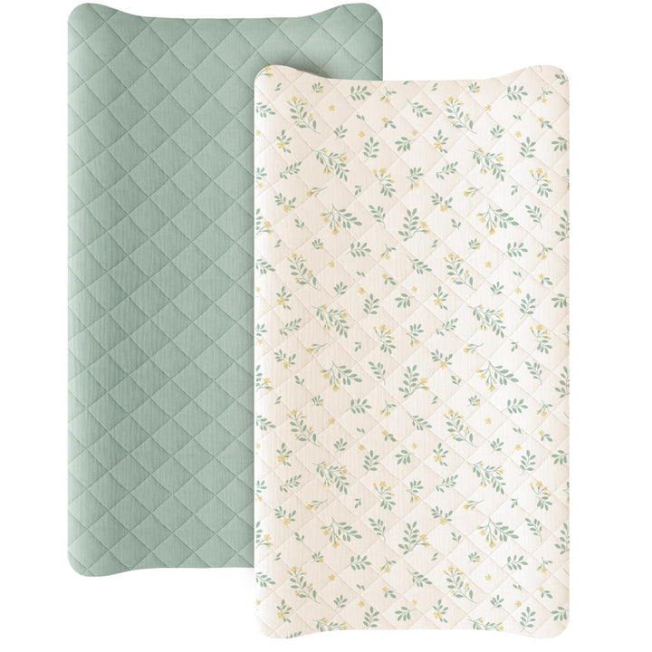 Konssy 2 Pack Quilted Muslin Changing Pad Cover, Waterproof Layer, 32"x16" 100% Cotton Surface, Absorbent & Soft, Fitted Changing Table Sheets, Full Elastic Fit, for Baby Girls & Boys