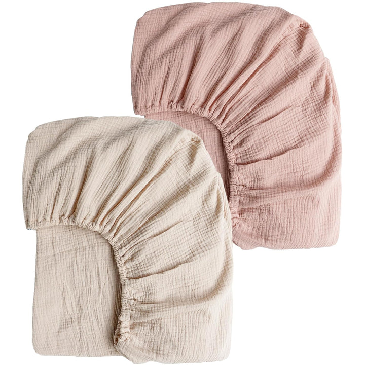 Konssy 2 Pack Muslin Crib Sheets for Standard Crib Mattress, 52" x 28" 100% Cotton, Soft & Breathable, 360° Elastic Snug Fit, Solid & Printed Designs for Baby Girls & Boys