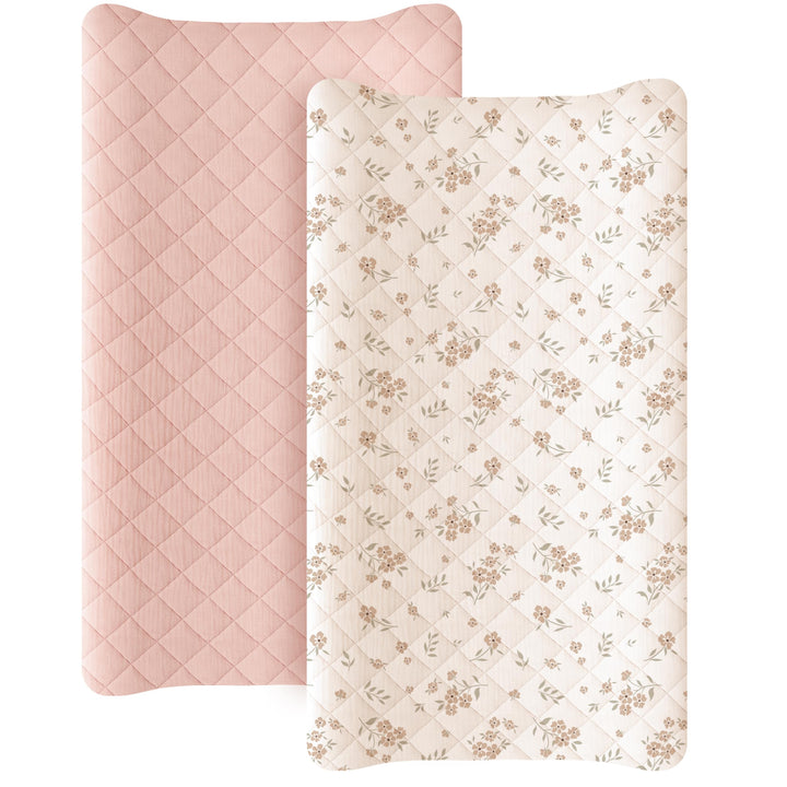 Konssy 2 Pack Quilted Muslin Changing Pad Cover, Waterproof Layer, 32"x16" 100% Cotton Surface, Absorbent & Soft, Fitted Changing Table Sheets, Full Elastic Fit, for Baby Girls & Boys