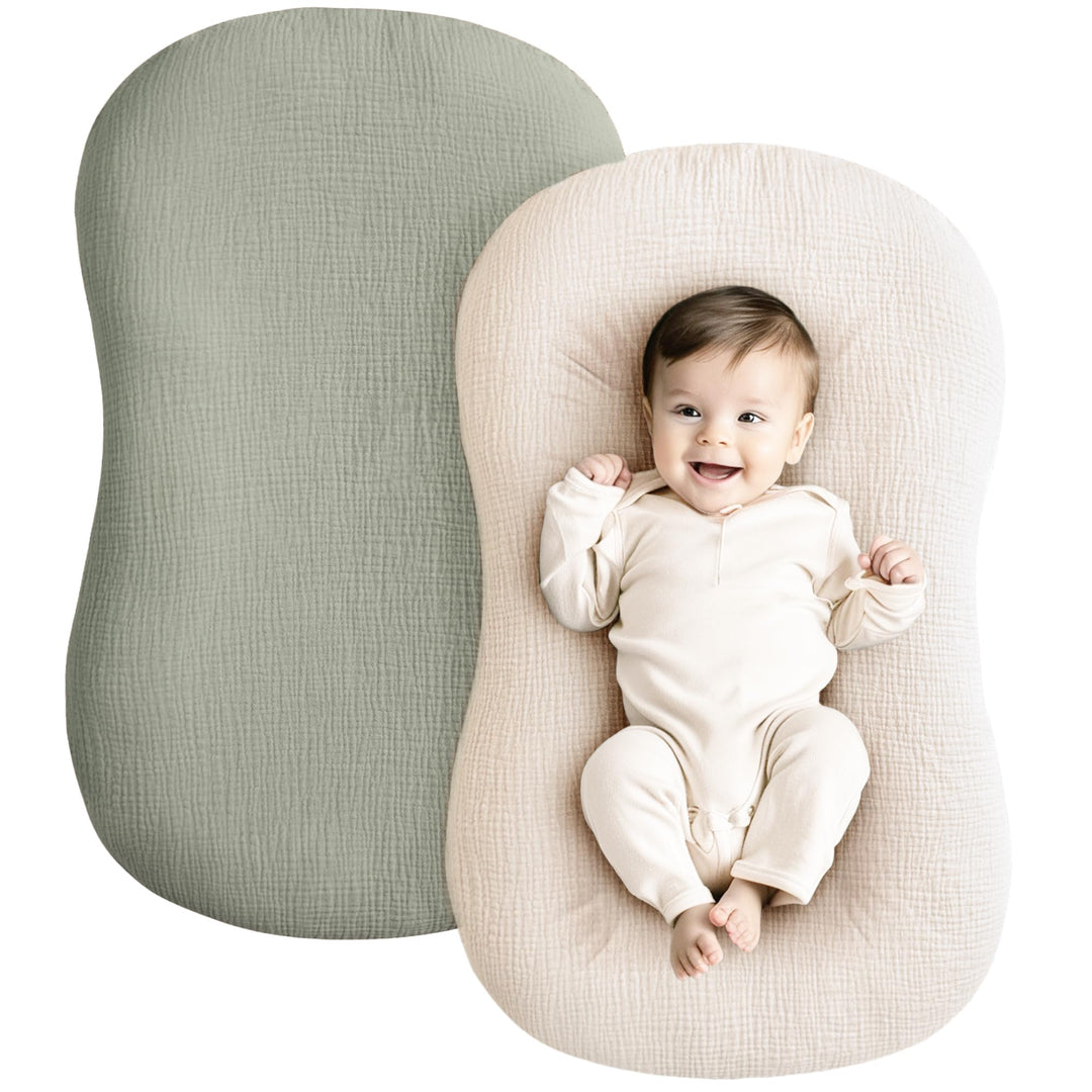 Konssy 2 Pack Muslin Baby Lounger Covers, Covers Only, 30.7" x 20" 100% Cotton, Soft & Breathable, Baby Nest Slipcover, Envelope Closure, Pre-Washed for Lasting Fit