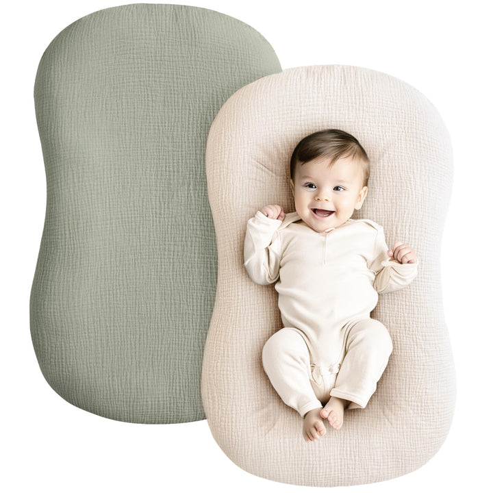 Konssy 2 Pack Muslin Baby Lounger Covers, Covers Only, 30.7" x 20" 100% Cotton, Soft & Breathable, Baby Nest Slipcover, Envelope Closure, Pre-Washed for Lasting Fit