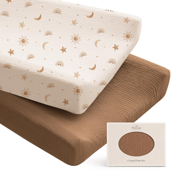 Konssy 100% Cotton Muslin Changing Pad Cover 2 Pack, 32"x16" Standard Fit Ultra Soft & Breathable, Diaper Changing Table Sheets, Neutral Nursery Design, for Baby Boys Girls