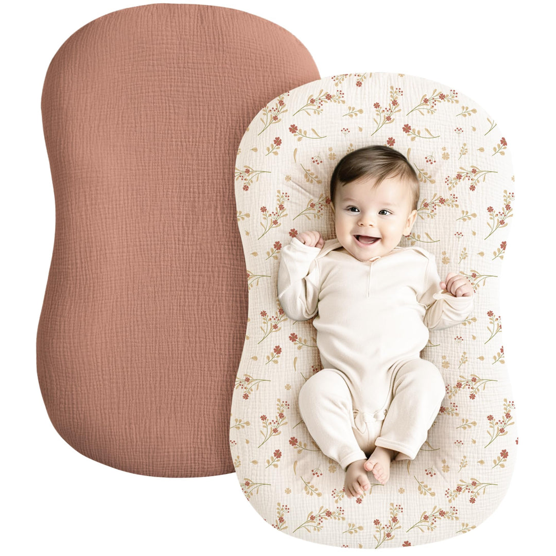 Konssy 2 Pack Muslin Baby Lounger Covers, Covers Only, 30.7" x 20" 100% Cotton, Soft & Breathable, Baby Nest Slipcover, Envelope Closure, Pre-Washed for Lasting Fit