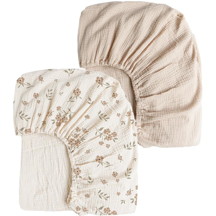 Konssy 2 Pack Muslin Crib Sheets for Standard Crib Mattress, 52" x 28" 100% Cotton, Soft & Breathable, 360° Elastic Snug Fit, Solid & Printed Designs for Baby Girls & Boys