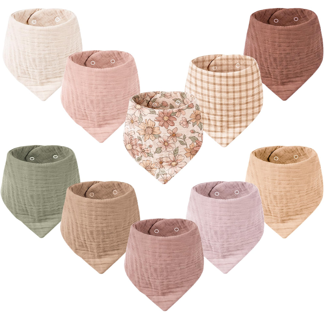 Konssy 10 Pack Baby Muslin Bandana Bibs for Drooling and Teething 100% Cotton, 6-Layer Bibs, Pre-Washed Soft & Absorbent, Adjustable Neck Fit, Boys & Girls 0-36M