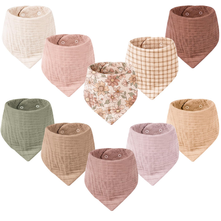 Konssy 10 Pack Baby Muslin Bandana Bibs for Drooling and Teething 100% Cotton, 6-Layer Bibs, Pre-Washed Soft & Absorbent, Adjustable Neck Fit, Boys & Girls 0-36M