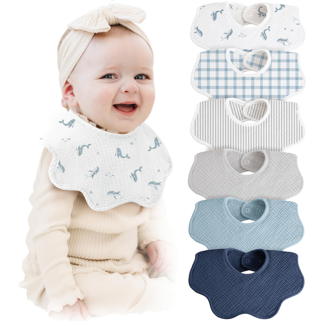 Konssy 6-Pack Muslin Baby Bandana Bibs, Drool Bibs for Girls & Boys 100% Cotton, Soft & Absorbent, Ideal for Teething & Drooling, from Newborn to Toddler, Ages 0-36 Months