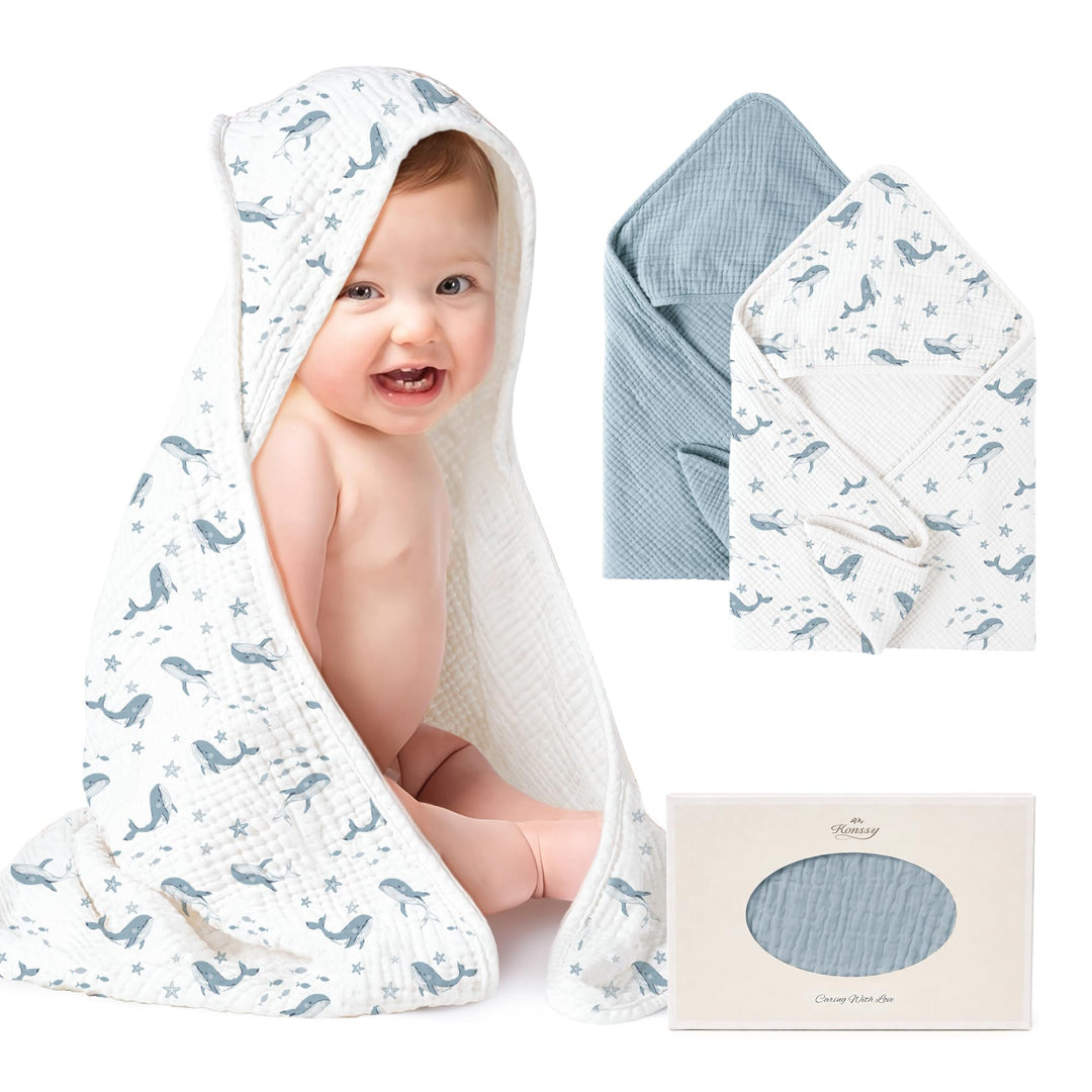 Konssy 2-Pack 100% Muslin Cotton Hooded Baby Bath Towels for Boys and Girls 32 x 32 In, Ultra-Soft & Absorbent, Bath Towels With Hooded for Infants Newborns Toddlers, Machine Washable