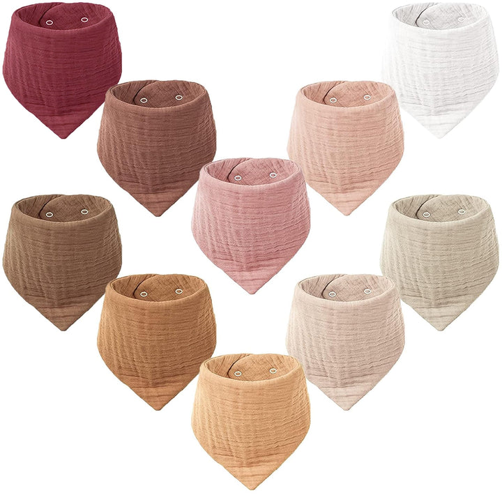 Konssy 10 Pack Baby Muslin Bandana Bibs for Drooling and Teething 100% Cotton, 6-Layer Bibs, Pre-Washed Soft & Absorbent, Adjustable Neck Fit, Boys & Girls 0-36M