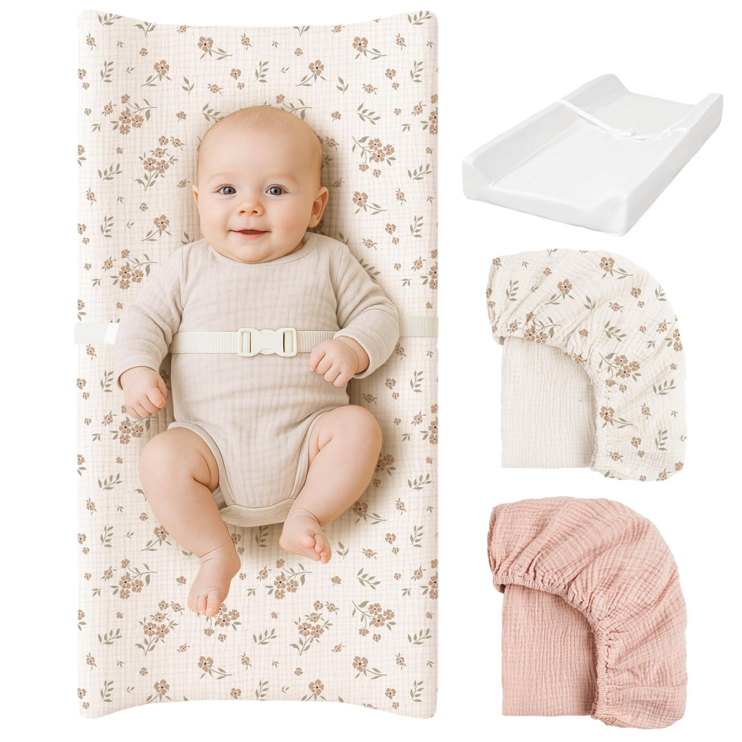 Konssy Baby Changing Pad Set with Waterproof Lining & 2 Pack Muslin Covers Soft Foam Support, Contoured Sides, Non-Slip Base & Safety Belt, Diaper Changing Pad for Dresser, 32" x 16"