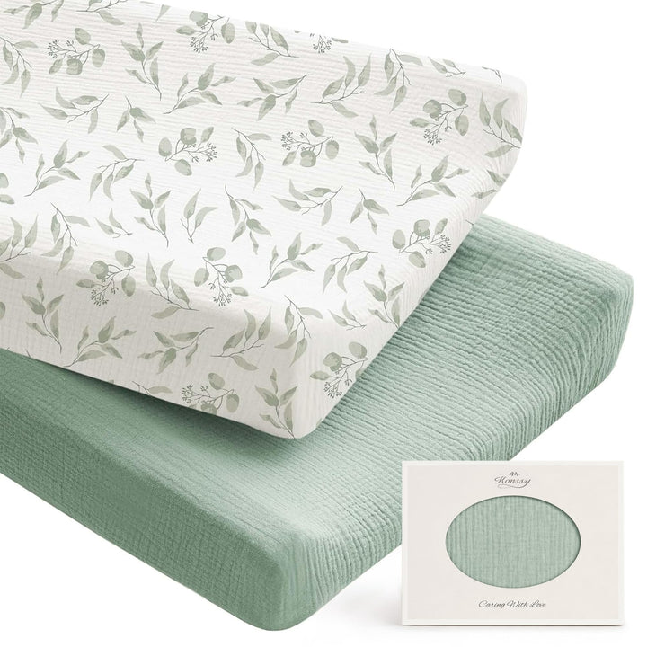 Konssy 2 Pack Muslin Changing Pad Covers for Baby Girls Boys, 32"x16" 100% Cotton, Soft & Breathable, Fitted Diaper Changing Table Sheets, Full Elastic Fit, Floral & Solid Designs