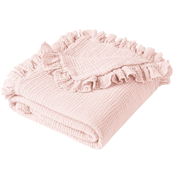 Konssy 100% Cotton Muslin Baby Blanket with Ruffle Trim for Girls, 43"x39" Reversible Design, Ultra Soft & Lightweight, for Swaddling, Crib, Stroller & Nursery Use, from Newborn to Toddler