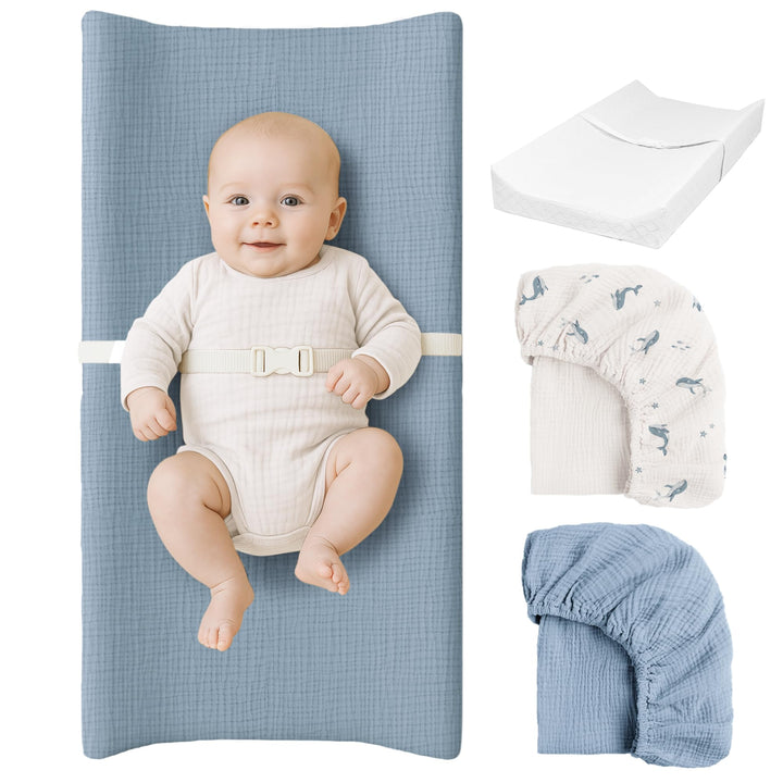 Konssy Baby Changing Pad Set with Waterproof Lining & 2 Pack Muslin Covers Soft Foam Support, Contoured Sides, Non-Slip Base & Safety Belt, Diaper Changing Pad for Dresser, 32" x 16"