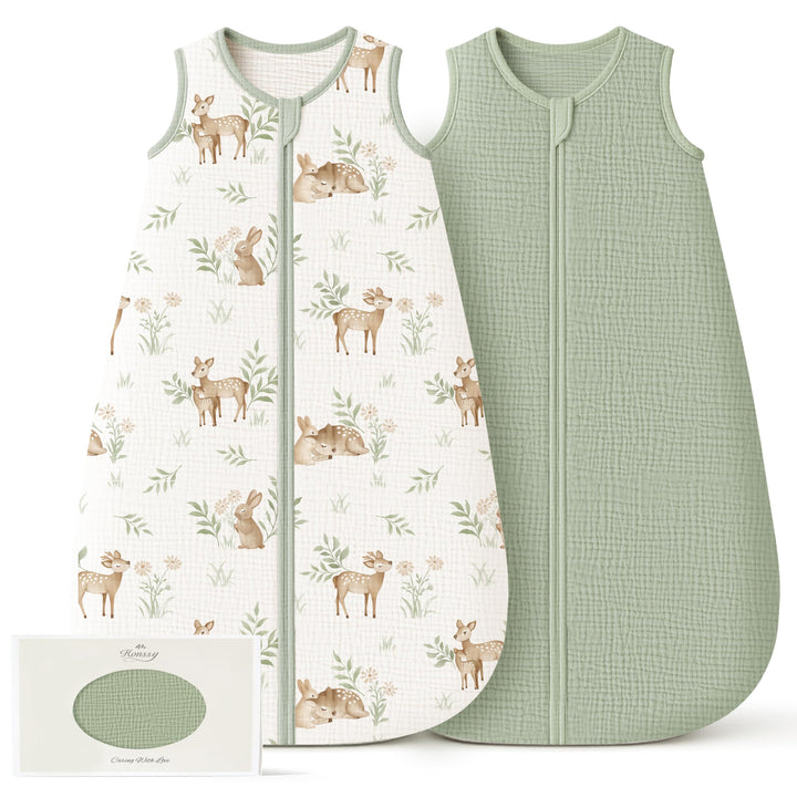 Konssy Muslin Baby Sleep Sack 6-12 Months, 0.8 TOG Baby Wearable Blanket 2 Pack, Two-Way Zipper, 100% Cotton, Soft & Breathable Sleeping Sack, Infants and Toddlers Nursery Essentials
