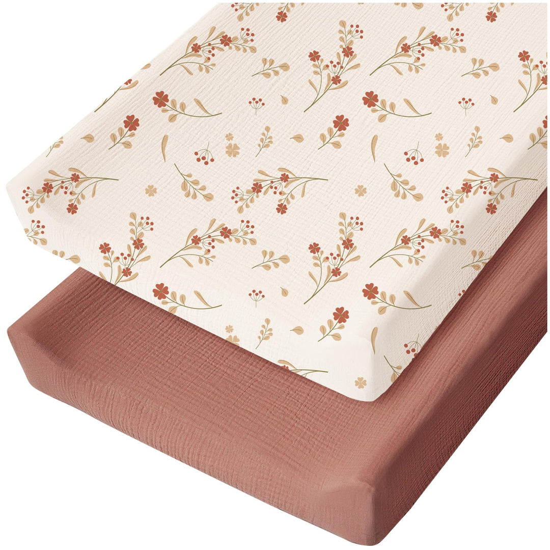 Konssy 2 Pack Muslin Changing Pad Covers for Baby Girls Boys, 32"x16" 100% Cotton, Soft & Breathable, Fitted Diaper Changing Table Sheets, Full Elastic Fit, Floral & Solid Designs