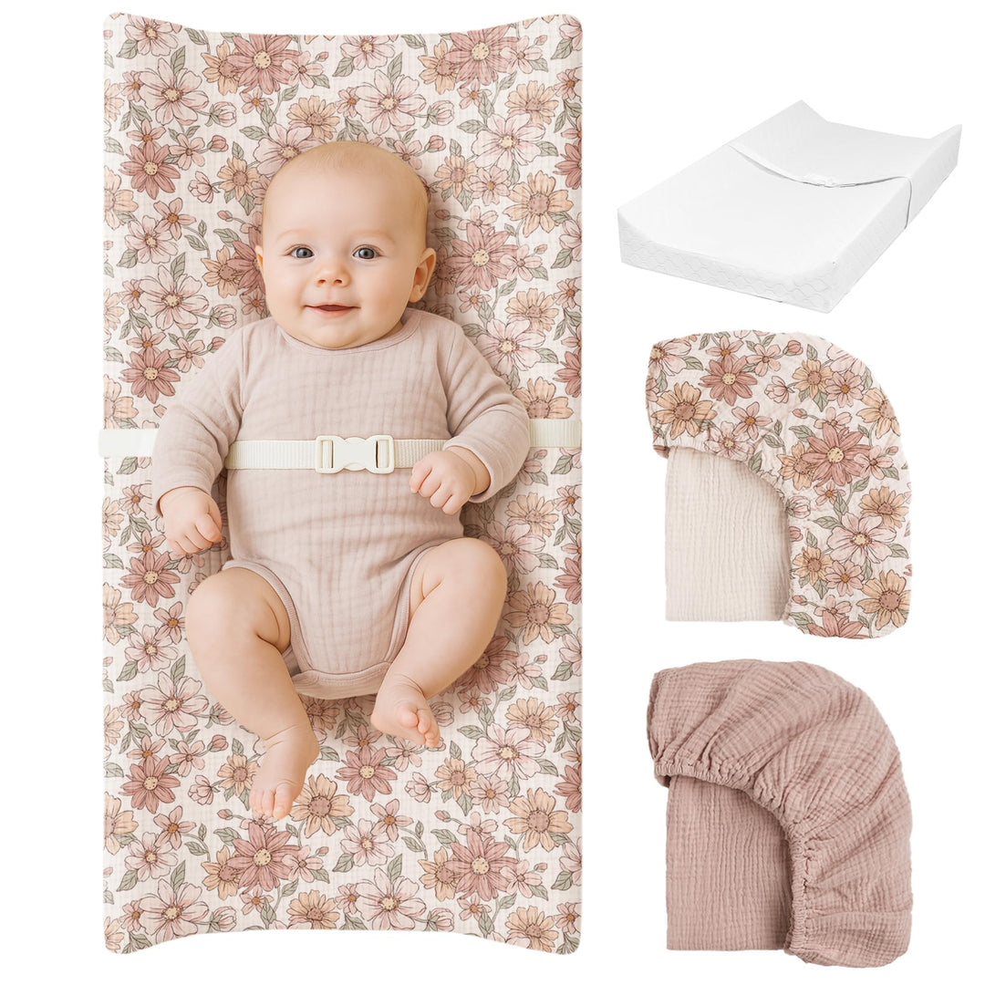 Konssy Baby Changing Pad Set with Waterproof Lining & 2 Pack Muslin Covers Soft Foam Support, Contoured Sides, Non-Slip Base & Safety Belt, Diaper Changing Pad for Dresser, 32" x 16"