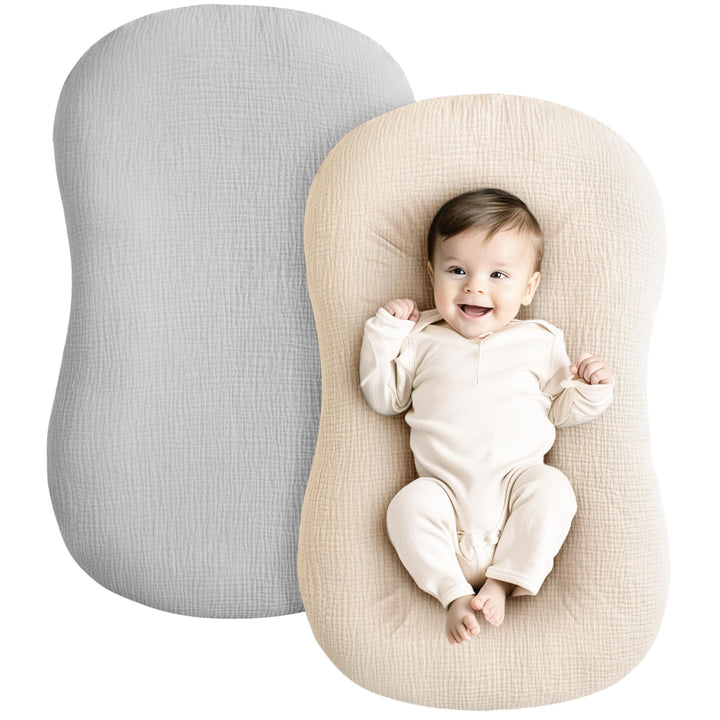 Konssy 2 Pack Muslin Baby Lounger Covers, Covers Only, 30.7" x 20" 100% Cotton, Soft & Breathable, Baby Nest Slipcover, Envelope Closure, Pre-Washed for Lasting Fit