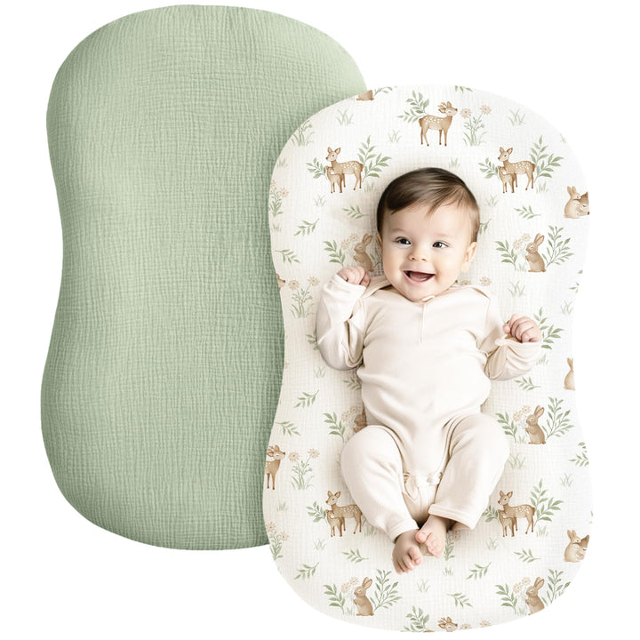 Konssy 2 Pack Muslin Baby Lounger Covers, Covers Only, 30.7" x 20" 100% Cotton, Soft & Breathable, Baby Nest Slipcover, Envelope Closure, Pre-Washed for Lasting Fit
