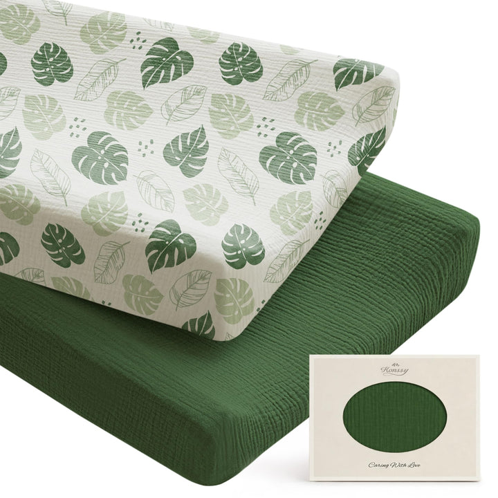 Konssy 100% Cotton Muslin Changing Pad Cover 2 Pack, 32"x16" Standard Fit Ultra Soft & Breathable, Diaper Changing Table Sheets, Neutral Nursery Design, for Baby Boys Girls