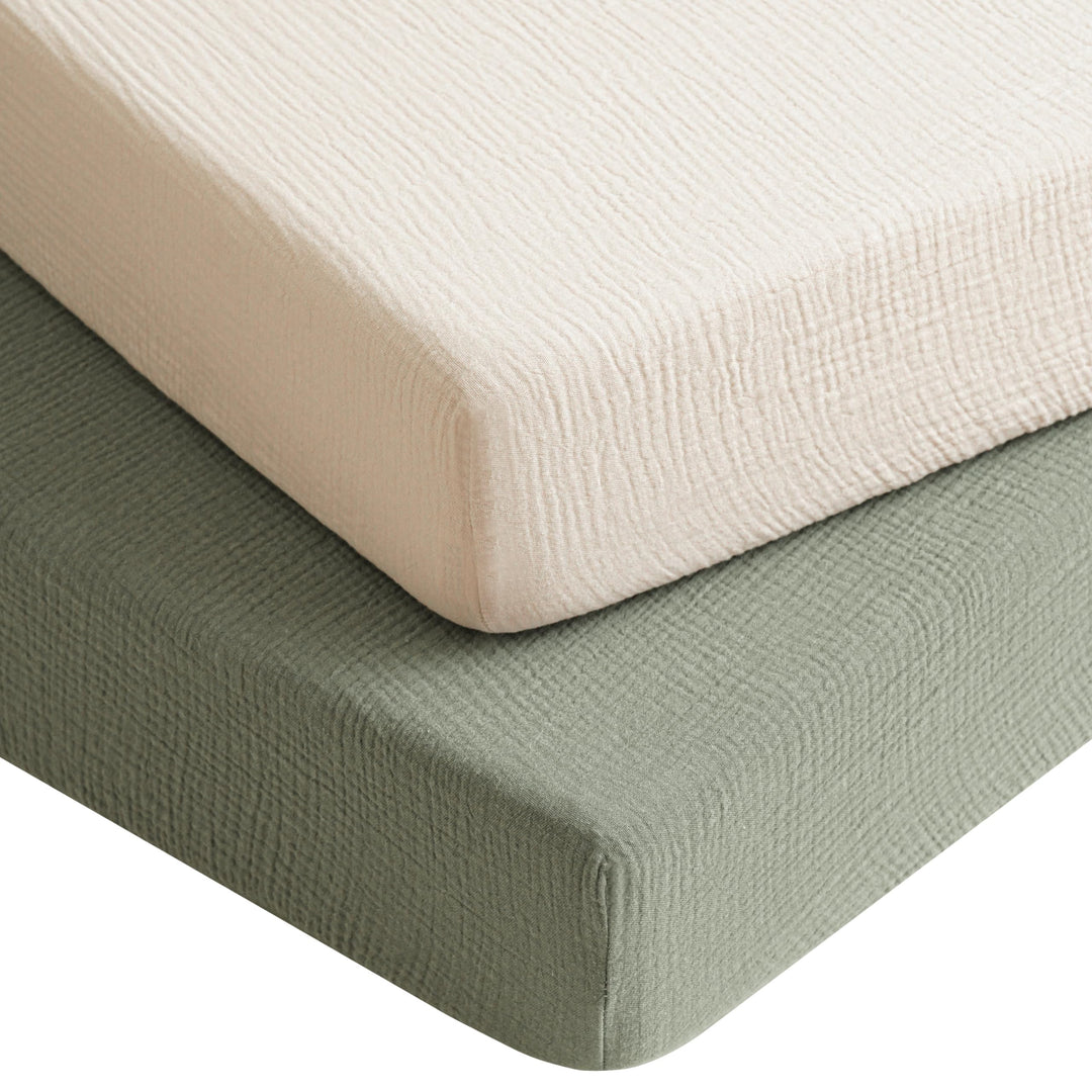 Konssy 2 Pack Muslin Crib Sheets for Baby Boys & Girls, 52" x 28" Fits Standard Crib Mattress, Premium 100% Cotton, Soft & Breathable, Neutral Design, 360° Full Elastic Fit