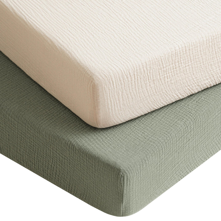 Konssy 2 Pack Muslin Crib Sheets for Baby Boys & Girls, 52" x 28" Fits Standard Crib Mattress, Premium 100% Cotton, Soft & Breathable, Neutral Design, 360° Full Elastic Fit