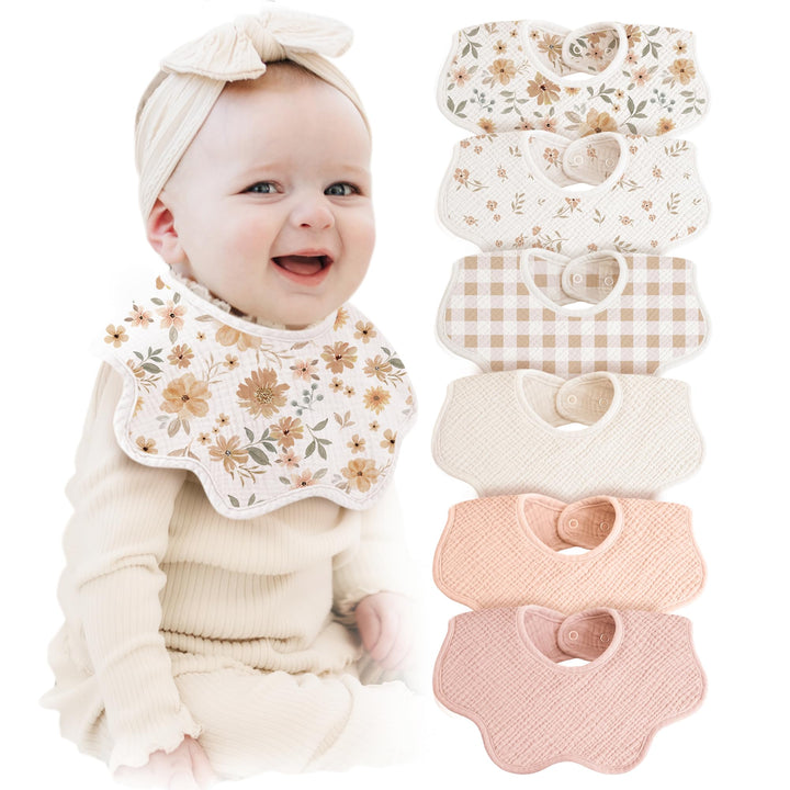 Konssy 6-Pack Muslin Baby Bandana Bibs, Drool Bibs for Girls & Boys 100% Cotton, Soft & Absorbent, Ideal for Teething & Drooling, from Newborn to Toddler, Ages 0-36 Months