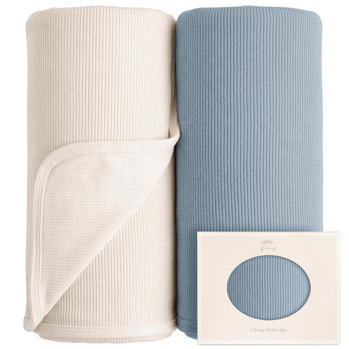 Konssy 2 Pack Ribbed Knit Swaddle Blankets for Baby Boys & Girls, 33"x42" Soft & Stretchy Knit, Lightweight & Cozy, for Swaddling, Receiving & Stroller, Newborn to Toddler