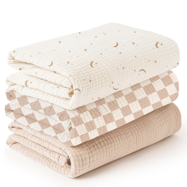 Konssy 3-Pack Muslin Baby Swaddle Blankets, 47 x 47 in Receiving Blankets Large Size, 100% Cotton, Ultra Soft & Breathable, Multi-Use Swaddles for Boys & Girls, from Newborn to Toddler