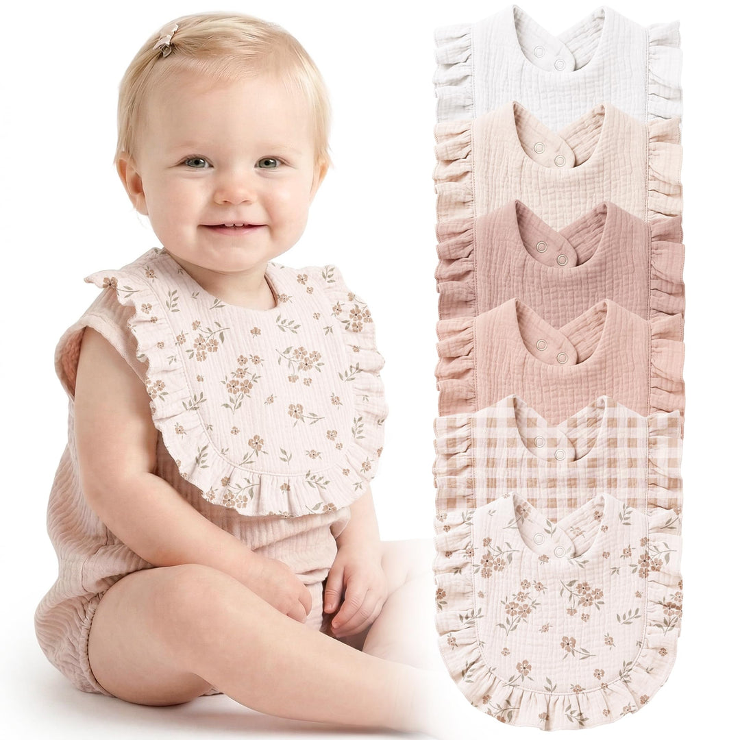 Konssy 6-Pack Muslin Baby Girl Bibs, 100% Soft Cotton Absorbent Drool Bibs 6-Layer Adjustable Bibs with Ruffle Trim for Drooling & Teething, Baby Girl Gifts for Newborn, Infant 0-36 Months