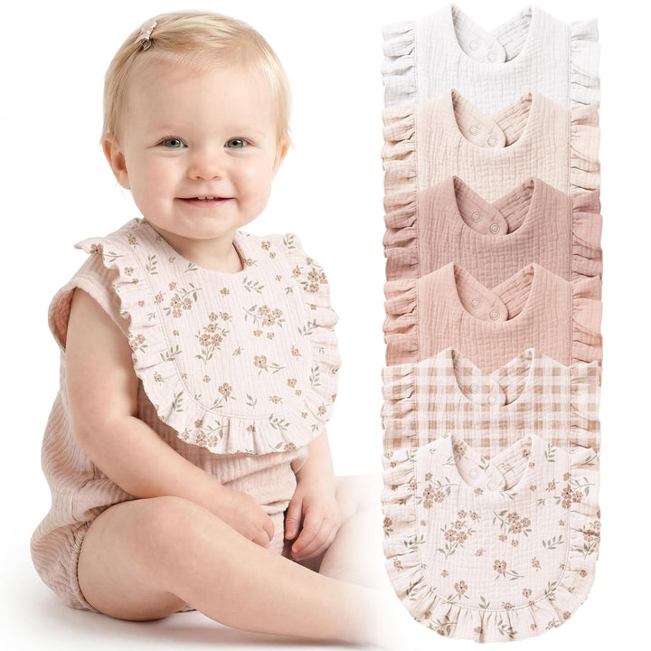 Konssy 6-Pack Muslin Baby Girl Bibs, 100% Soft Cotton Absorbent Drool Bibs 6-Layer Adjustable Bibs with Ruffle Trim for Drooling & Teething, Baby Girl Gifts for Newborn, Infant 0-36 Months