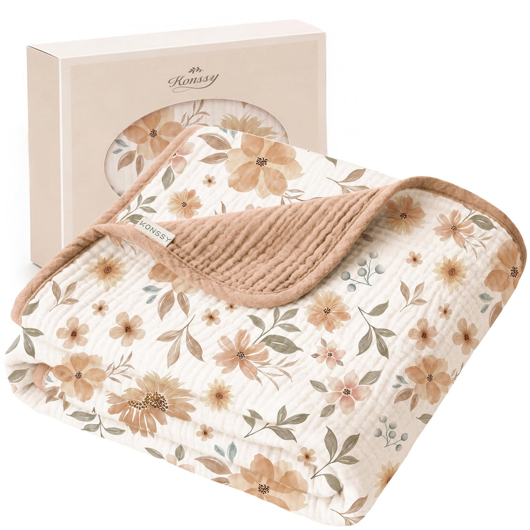 Konssy 100% Cotton Muslin Baby Blanket for Girls Boys, 40"x36" Soft & Lightweight, 4-Layer Muslin, for Receiving, Swaddling, Crib, Stroller & Nursery, Newborn to Toddler