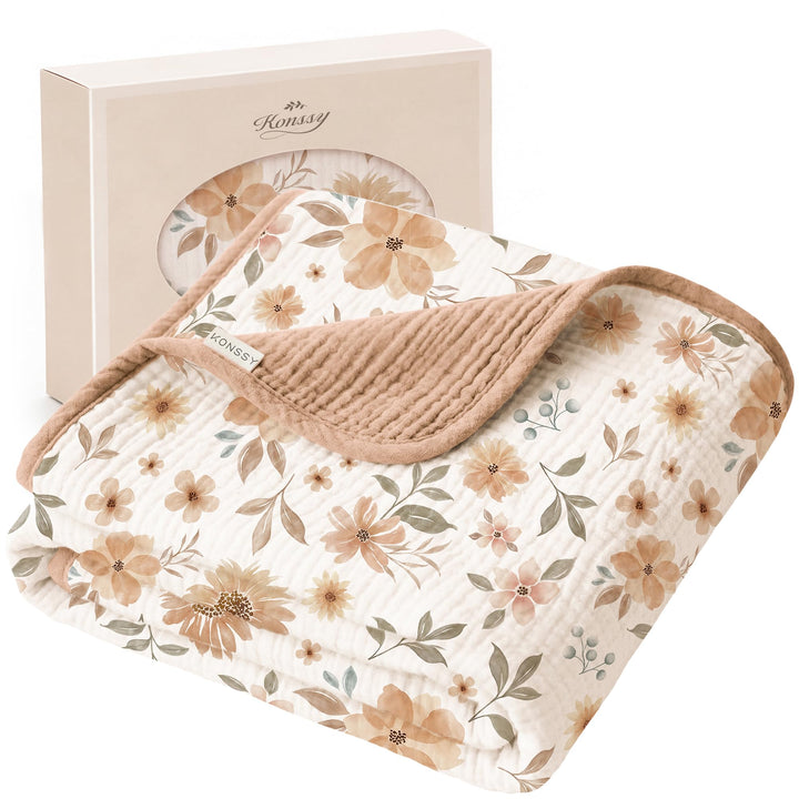 Konssy 100% Cotton Muslin Baby Blanket for Girls Boys, 40"x36" Soft & Lightweight, 4-Layer Muslin, for Receiving, Swaddling, Crib, Stroller & Nursery, Newborn to Toddler