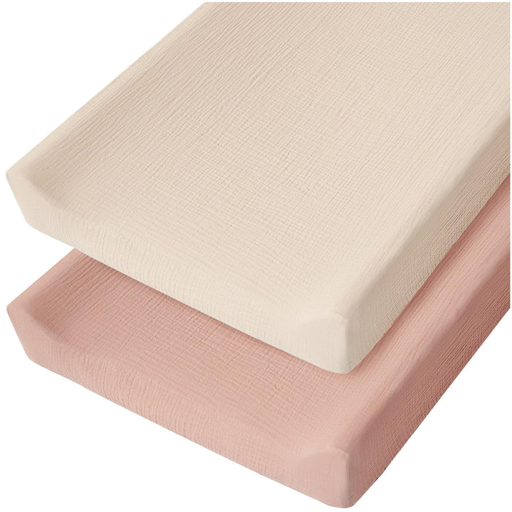 Konssy 2 Pack Muslin Changing Pad Covers for Baby Girls Boys, 32"x16" 100% Cotton, Soft & Breathable, Fitted Diaper Changing Table Sheets, Full Elastic Fit, Floral & Solid Designs