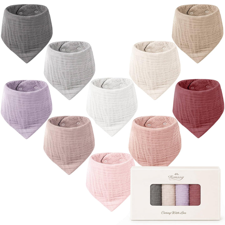 Konssy 10 Pack Baby Muslin Bandana Bibs for Drooling and Teething 100% Cotton, 6-Layer Bibs, Pre-Washed Soft & Absorbent, Adjustable Neck Fit, Boys & Girls 0-36M