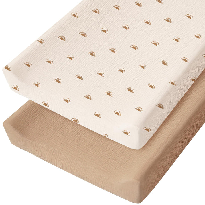 Konssy 2 Pack Muslin Changing Pad Covers for Baby Girls Boys, 32"x16" 100% Cotton, Soft & Breathable, Fitted Diaper Changing Table Sheets, Full Elastic Fit, Floral & Solid Designs